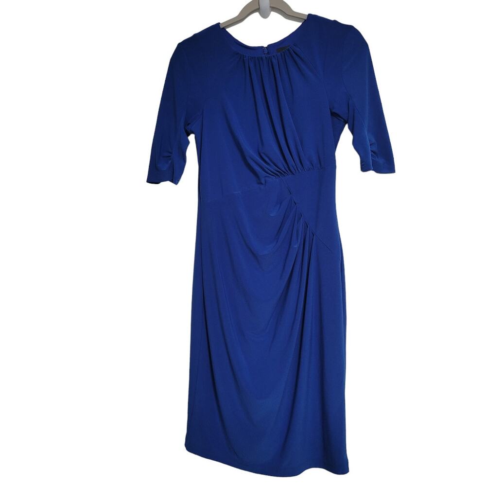 Adrianna Papell Blue Elbow Knee Length Dress Ruching Zip Up Back Size 4